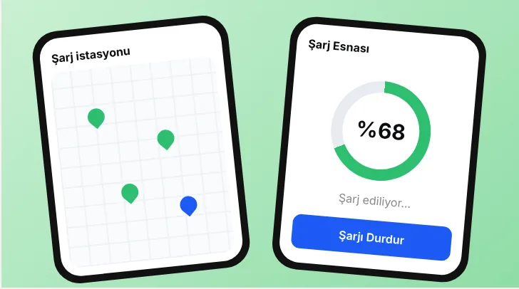 Şarjlı Enerji mobil uygulaması: harita üzerinde şarj istasyonları ve şarj durumu ekranı
