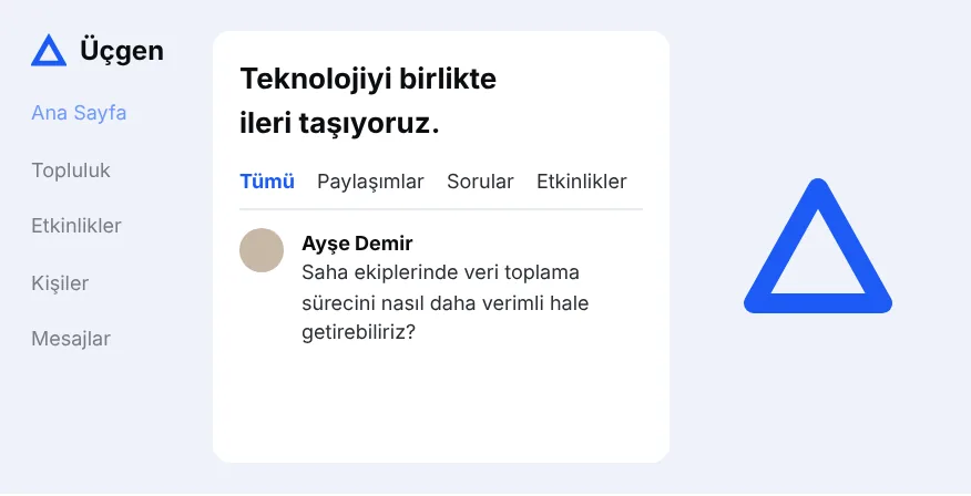 Üçgen topluluk platformu: akış, paylaşımlar ve etkinlikler ekranı